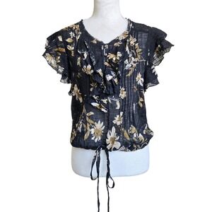 Free People Top Womens Small Black Yellow Floral Ruffle Sheer Gauze Boho Blouse‎